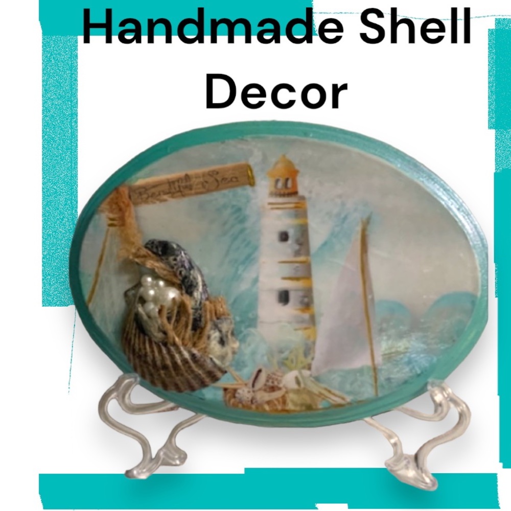 Decoupage Wooden Plaque with Seashells and Gute. Hand painted edging & glazed